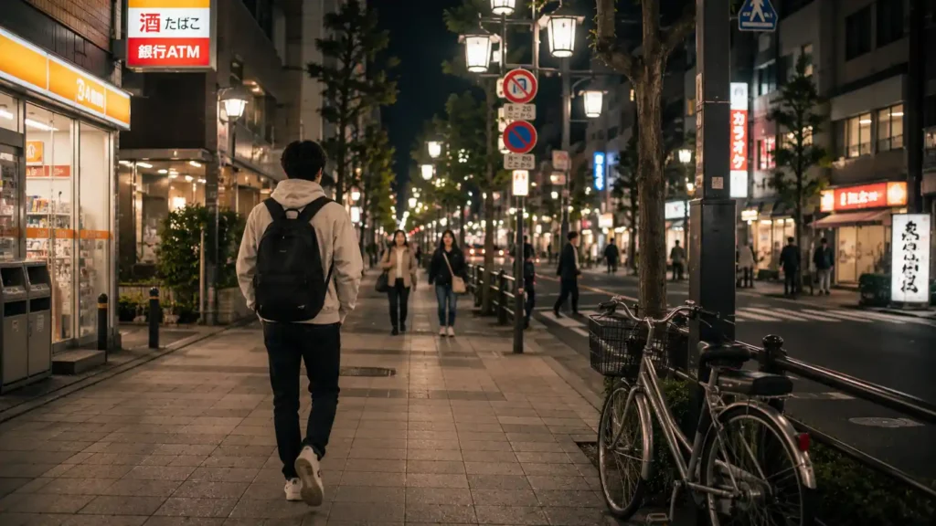 Brasileiro caminhando tranquilamente à noite em uma rua iluminada do Japão, representando a segurança e a qualidade de vida no país.