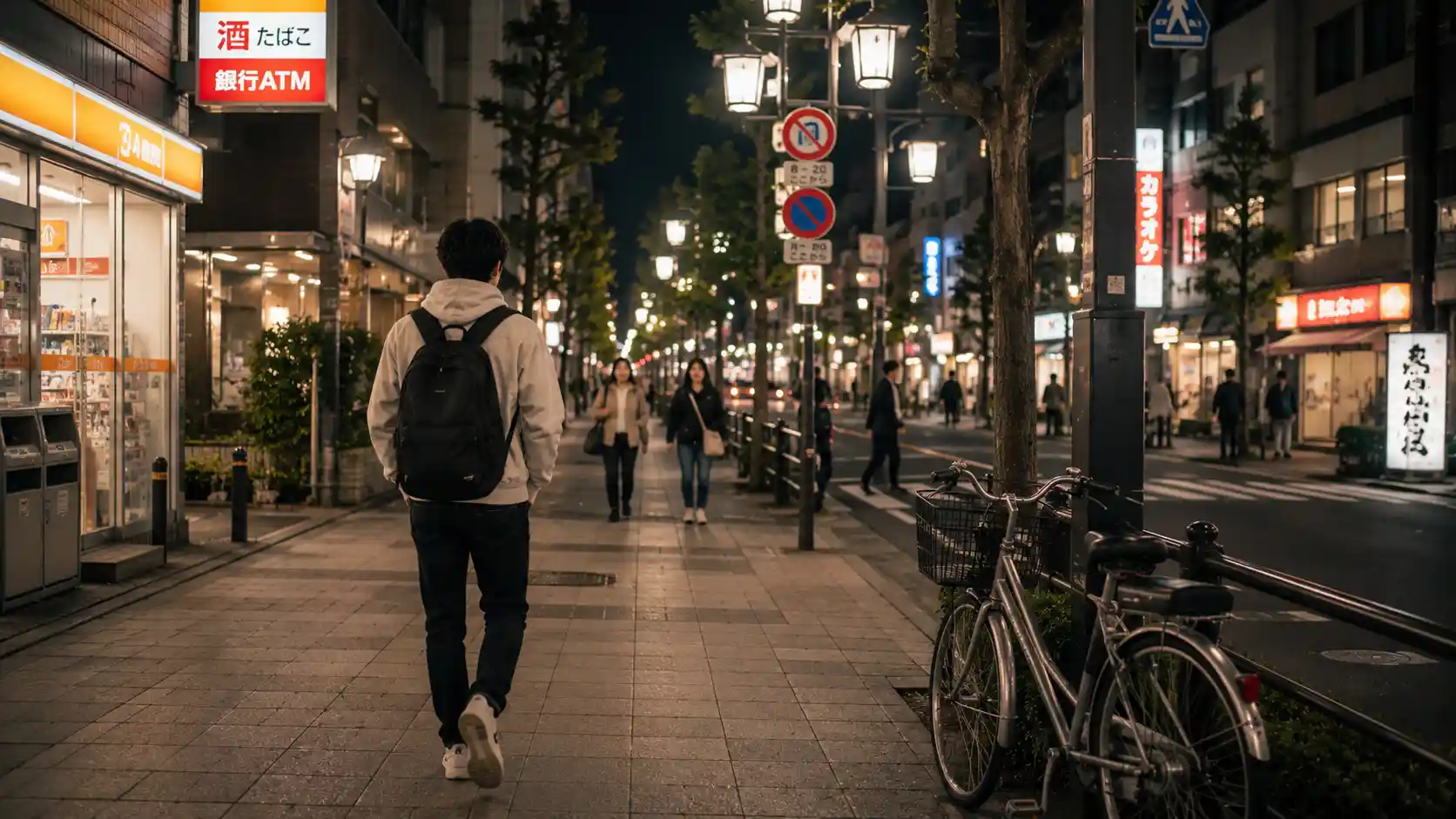 Brasileiro caminhando tranquilamente à noite em uma rua iluminada do Japão, representando a segurança e a qualidade de vida no país.
