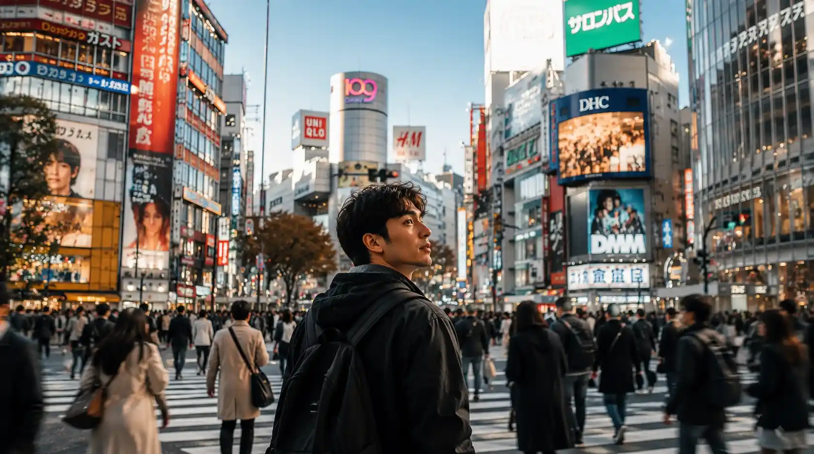 Brasileiro vivendo a rotina em Tóquio, cercado por pessoas em uma das áreas mais movimentadas do Japão.