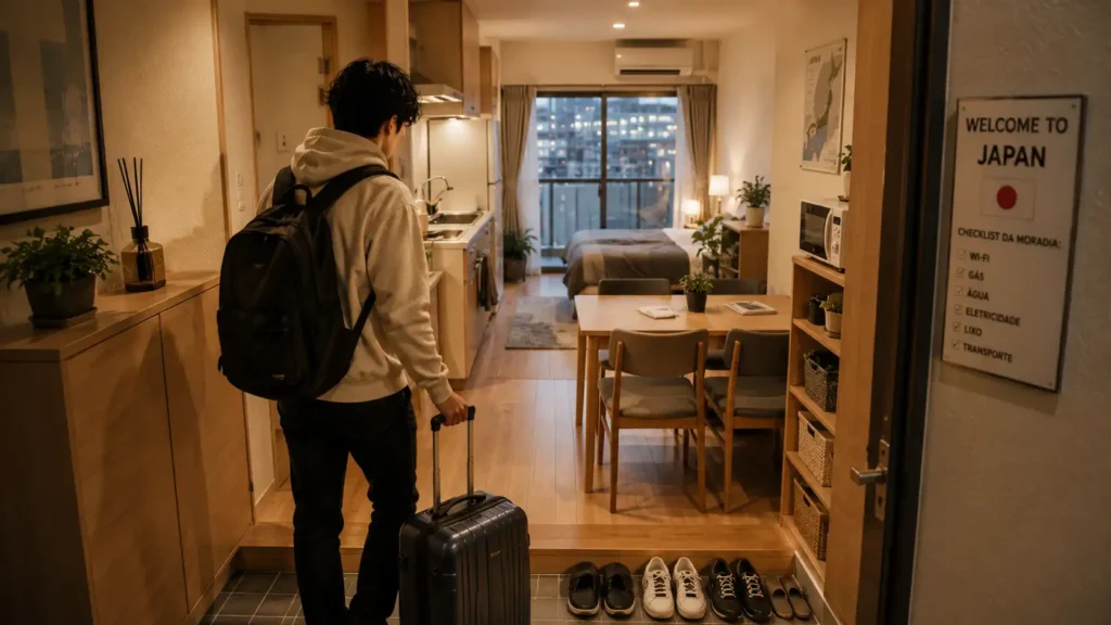 Brasileiro chegando ao seu apartamento no Japão com uma mala, representando o início da vida e da adaptação em uma nova moradia no país.