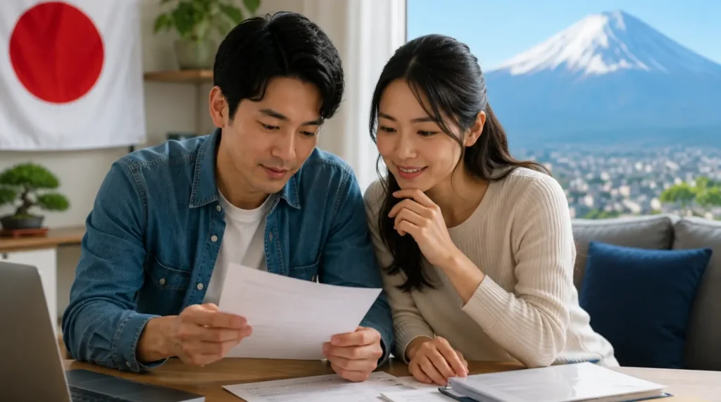Casal descendente organizando documentos para trabalhar no Japão