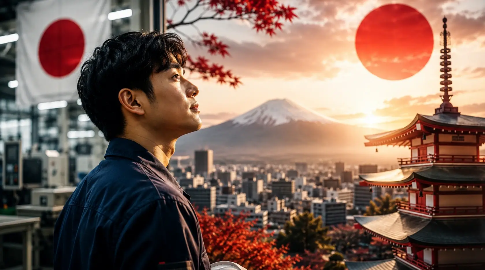 Brasileiro observando horizonte no Japão representando oportunidades de trabalho e crescimento profissional