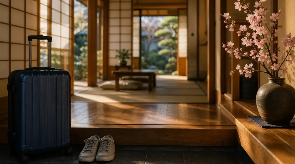 Casa tradicional japonesa com mala de viagem representando preparação para trabalhar no Japão