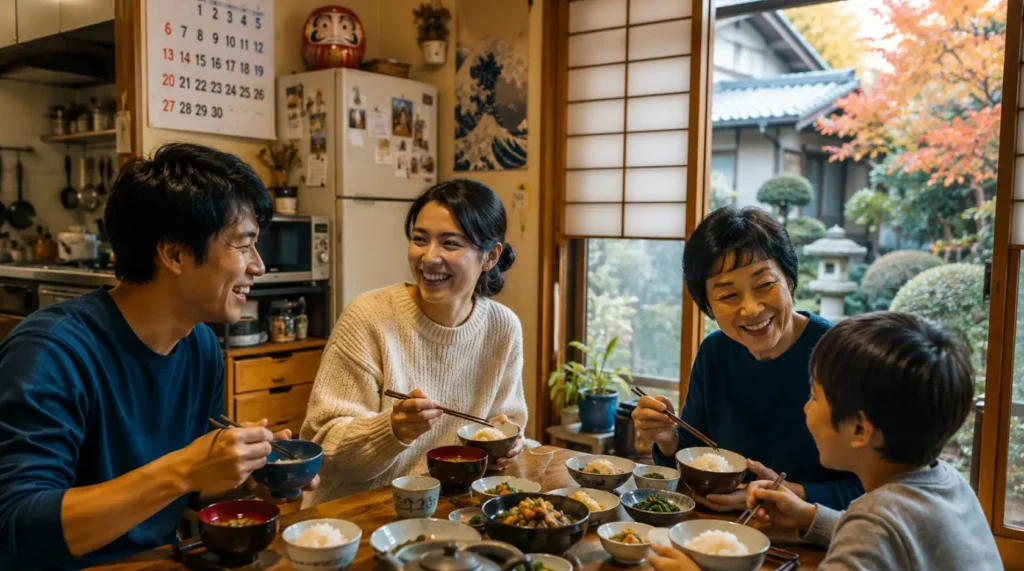 Família brasileira aproveitando qualidade de vida no Japão em ambiente japonês tradicional