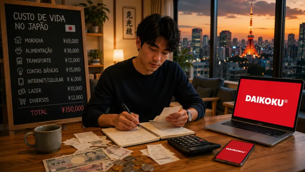 Brasileiro organizando despesas e planejando o orçamento em um apartamento no Japão, representando o custo de vida no país em 2026.
