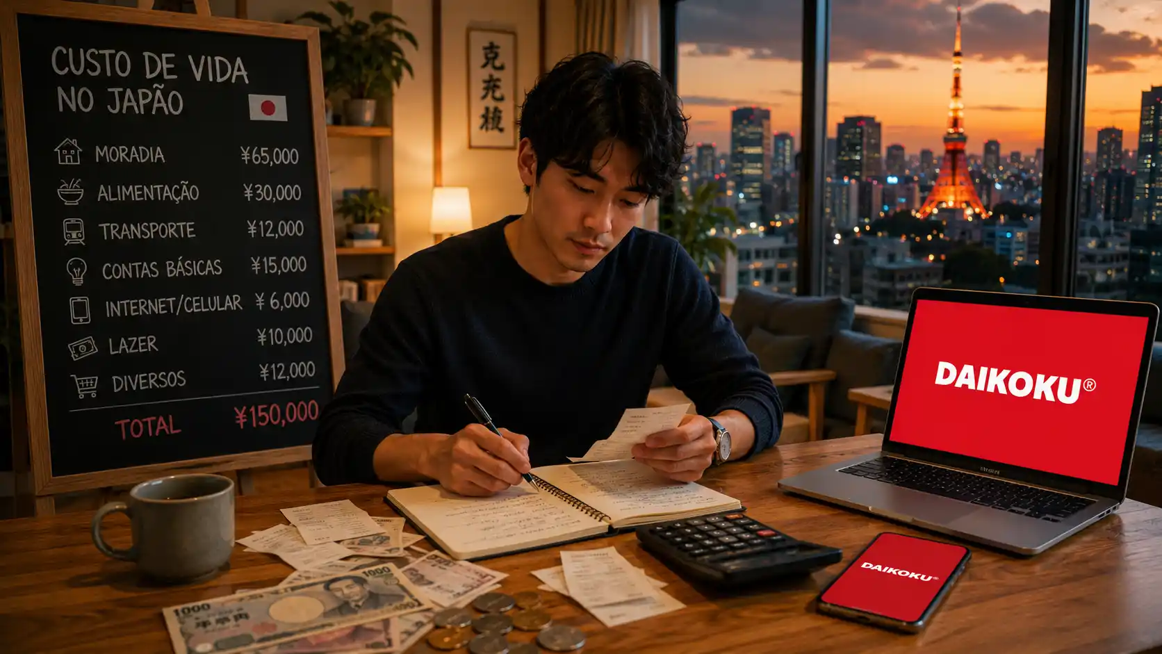 Brasileiro organizando despesas e planejando o orçamento em um apartamento no Japão, representando o custo de vida no país em 2026.