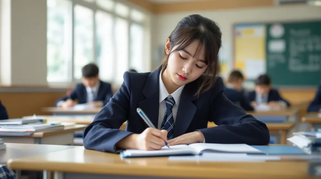 Adolescente nikkei brasileira de uniforme escolar japonês estudando em sala de aula no Japão