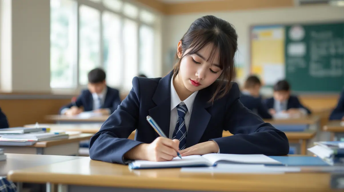 Adolescente nikkei brasileira de uniforme escolar japonês estudando em sala de aula no Japão