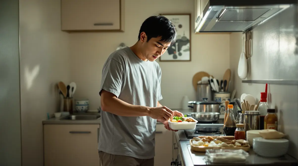 Homem nikkei brasileiro preparando marmita em cozinha de apartamento no Japão antes do trabalho
