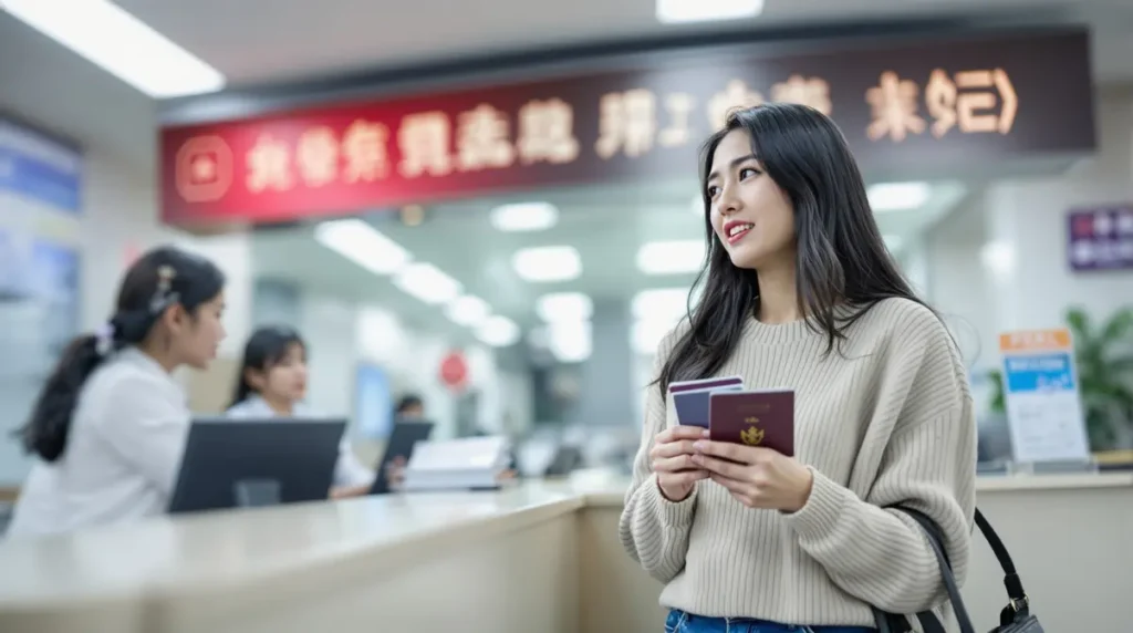 Mulher nikkei brasileira sendo atendida em recepção de hospital japonês segurando cartão de seguro de saúde e passaporte