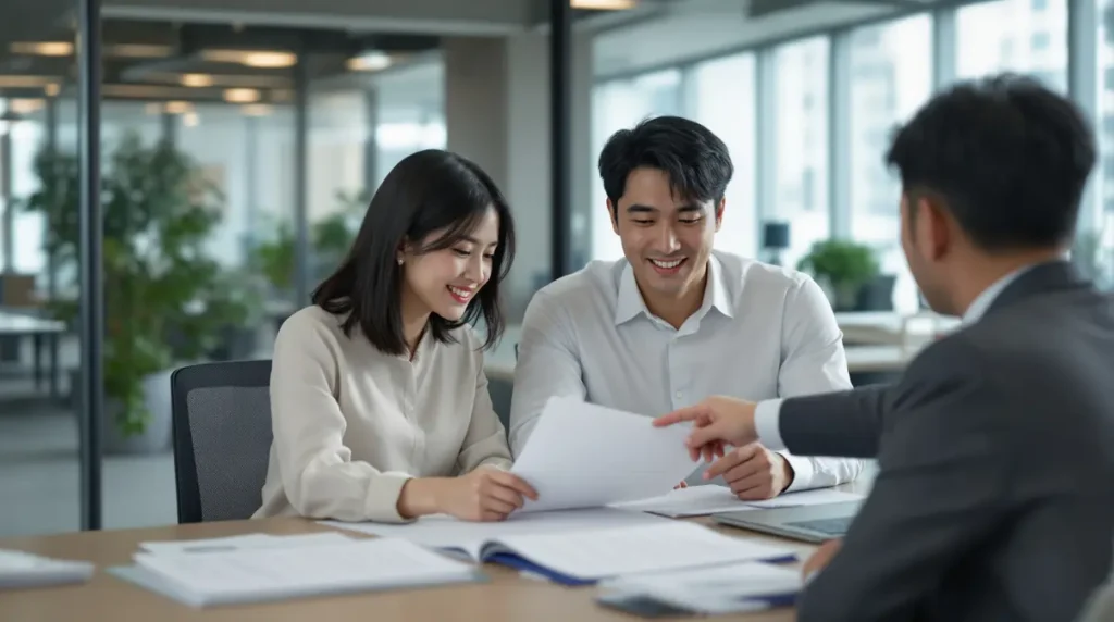 Casal de brasileiros descendentes de japoneses conversando com funcionário de RH em escritório japonês sobre auxílio creche corporativo