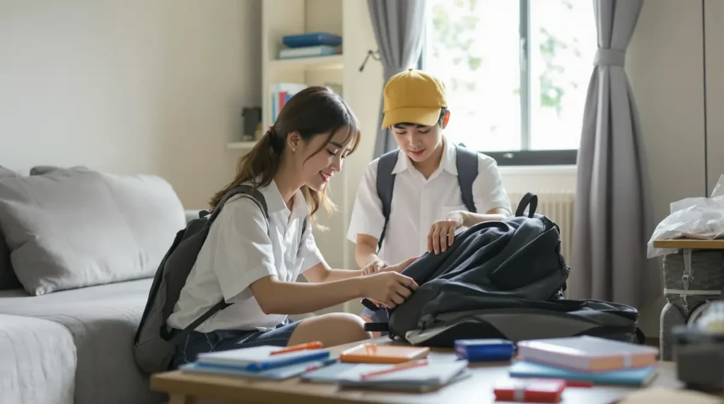 Mãe nikkei brasileira ajudando filho em uniforme escolar japonês a organizar mochila em casa no Japão