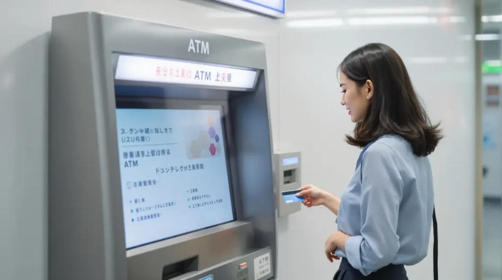 Mulher brasileira operando caixa eletrônico japonês em agência bancária