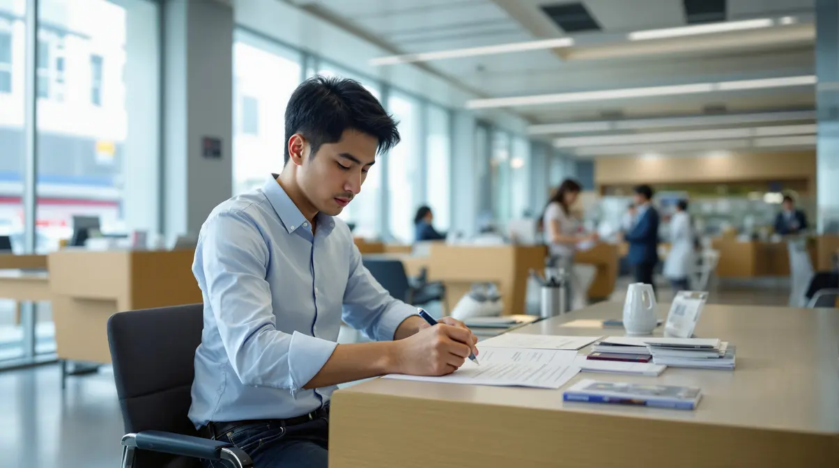 Homem nikkei brasileiro de 28 anos preenchendo formulário de abertura de conta em agência bancária japonesa