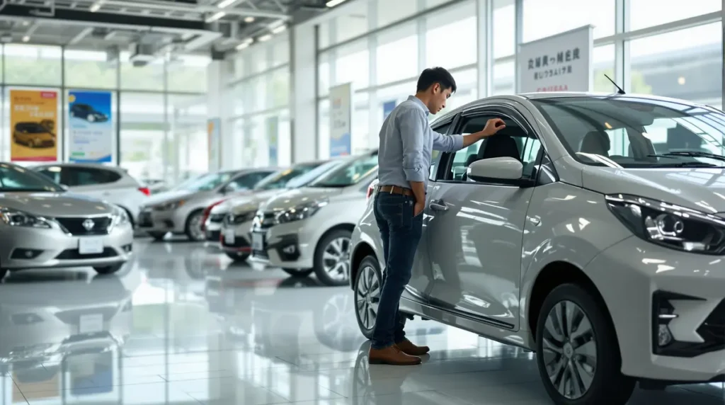 Homem brasileiro nikkei observando carros em showroom de concessionária japonesa