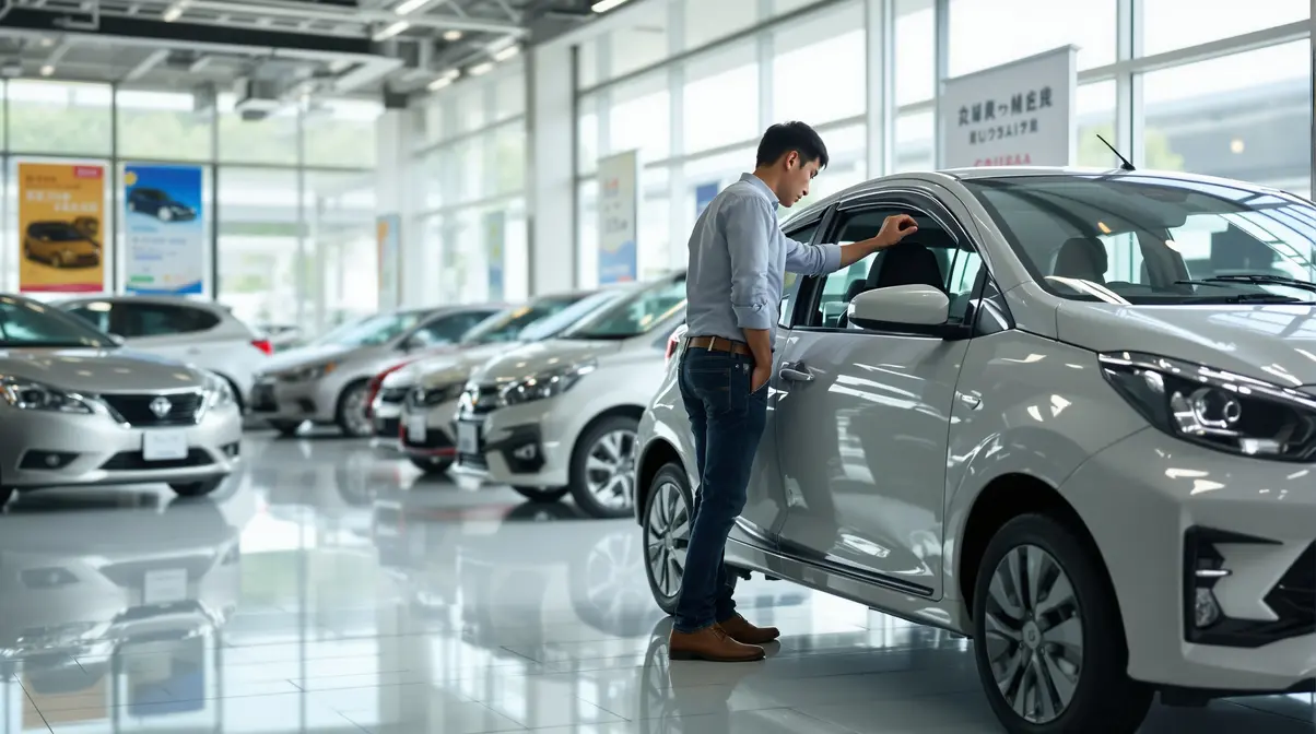 Homem brasileiro nikkei observando carros em showroom de concessionária japonesa