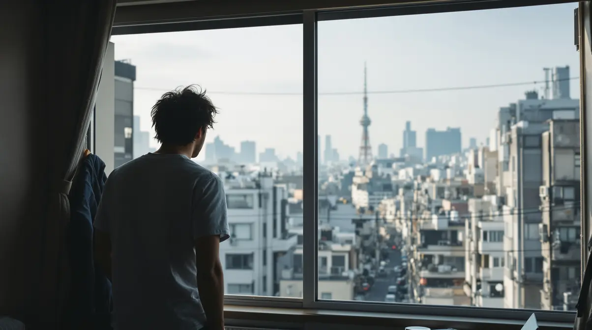 Homem brasileiro de costas observando paisagem urbana japonesa pela janela em momento de reflexão