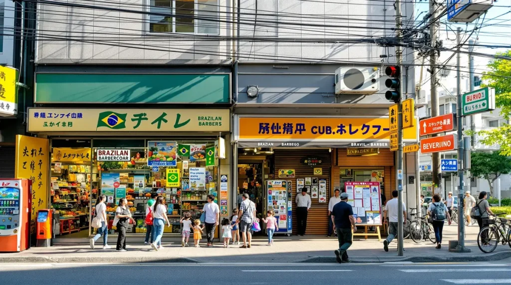 Rua comercial em cidade japonesa com placas em português e estabelecimentos brasileiros