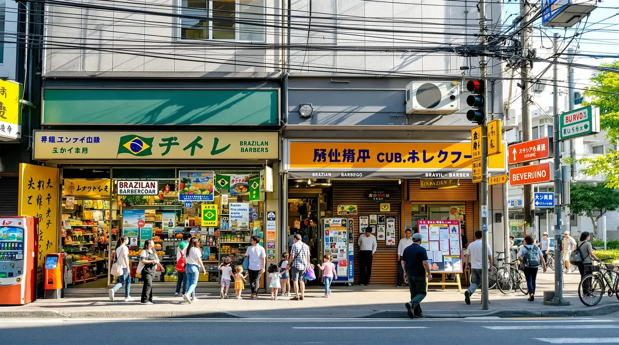 Rua comercial em cidade japonesa com placas em português e estabelecimentos brasileiros