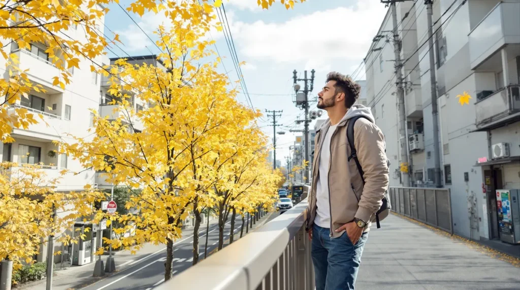 Pessoa em ambiente japonês observando a transição de estações com roupas adequadas