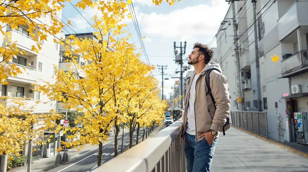 Pessoa em ambiente japonês observando a transição de estações com roupas adequadas