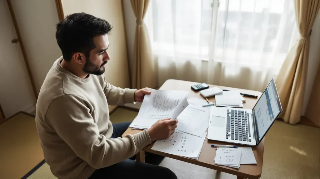 Homem brasileiro de 30 anos organizando documentos fiscais em japonês e português em mesa de apartamento no Japão