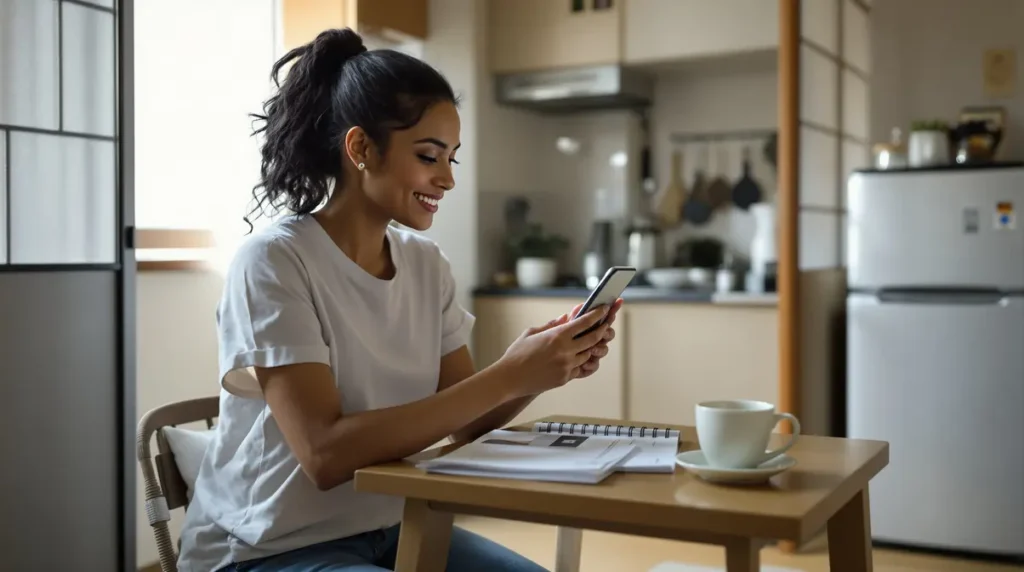 Mulher brasileira usando aplicativo de transferência internacional em smartphone em ambiente residencial japonês