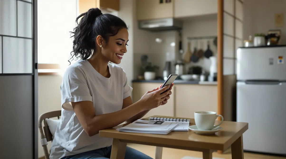Mulher brasileira usando aplicativo de transferência internacional em smartphone em ambiente residencial japonês