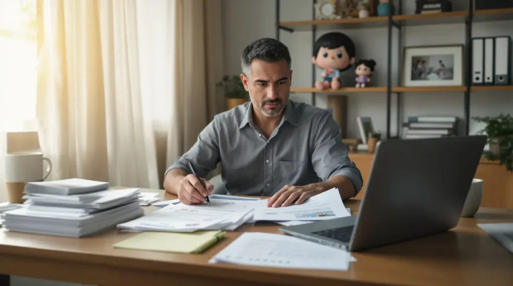Homem brasileiro de meia-idade revisando documentos de aposentadoria japonesa e brasileira em mesa de trabalho em casa