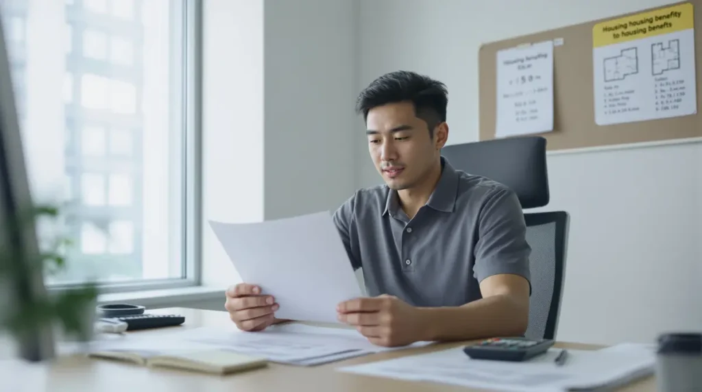Homem nikkei brasileiro de 30 anos em escritório japonês recebendo documentos sobre auxílio moradia