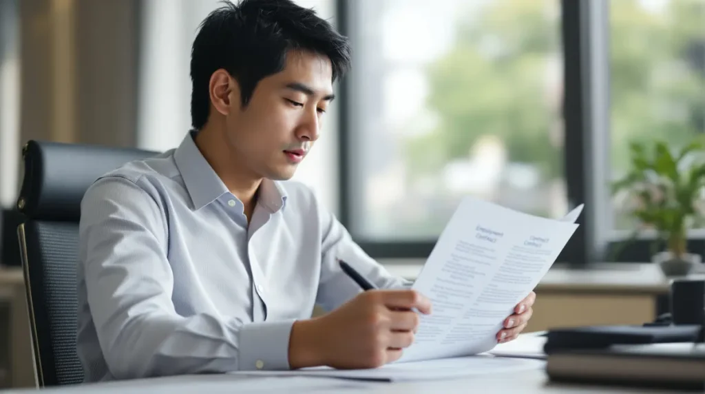 Brasileiro nikkei lendo contrato de trabalho em escritório no Japão