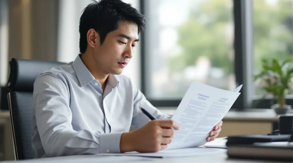 Brasileiro nikkei lendo contrato de trabalho em escritório no Japão