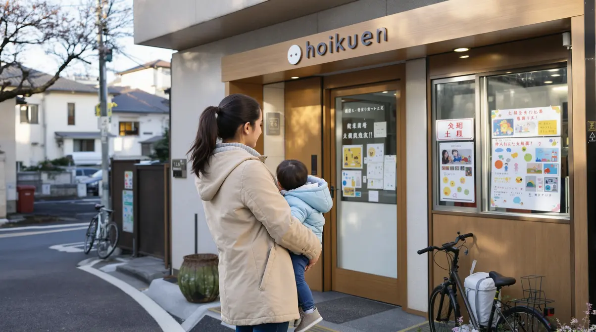 Mãe brasileira segurando criança pequena em frente a creche japonesa