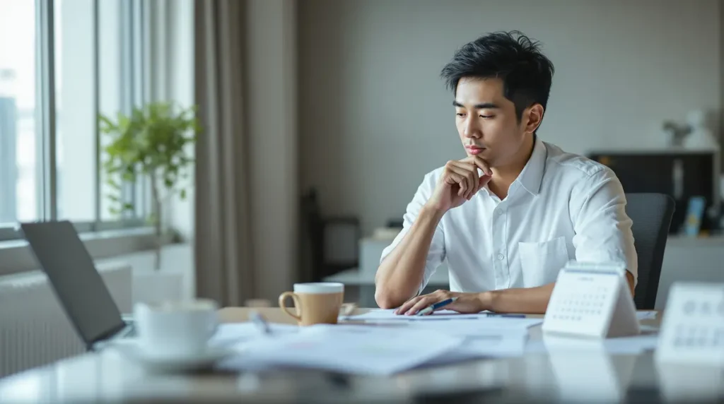 Trabalhador brasileiro descendente de japonês consultando calendário e documentos sobre férias em ambiente de trabalho no Japão