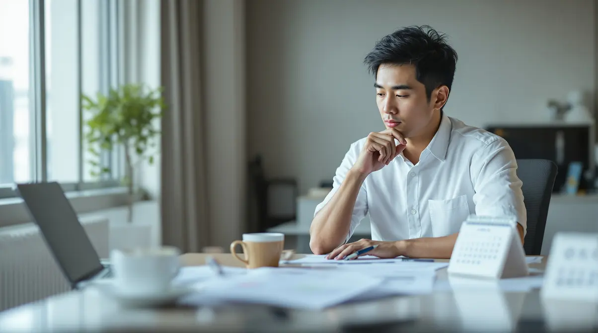 Trabalhador brasileiro descendente de japonês consultando calendário e documentos sobre férias em ambiente de trabalho no Japão