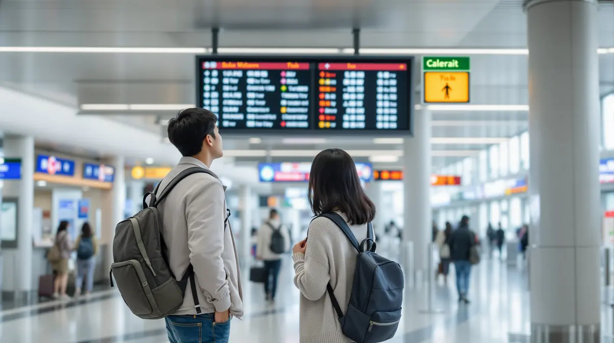 Casal nikkei brasileiro de aproximadamente 30 anos caminhando por estação de trem no Japão durante a Golden Week, carregando mochilas pequenas e olhando painel de horários