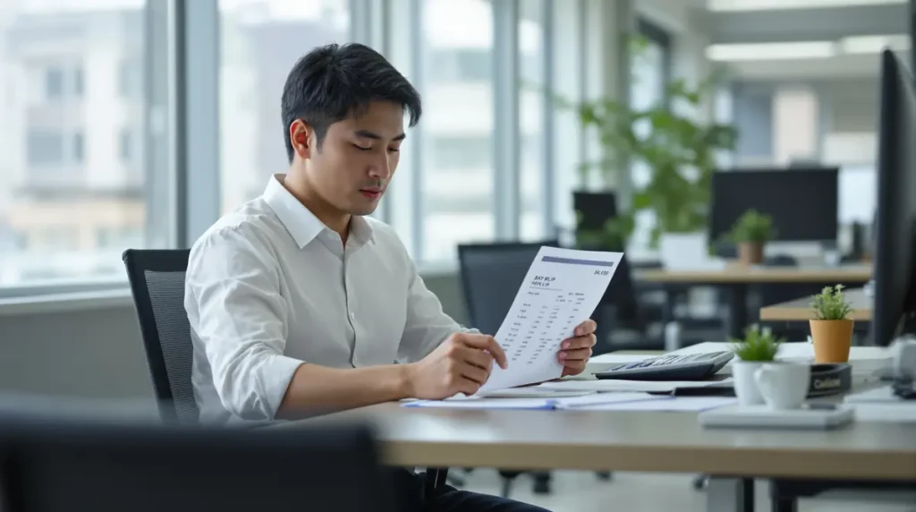 Homem nikkei brasileiro de 30 anos conferindo contracheque japonês em escritório moderno no Japão