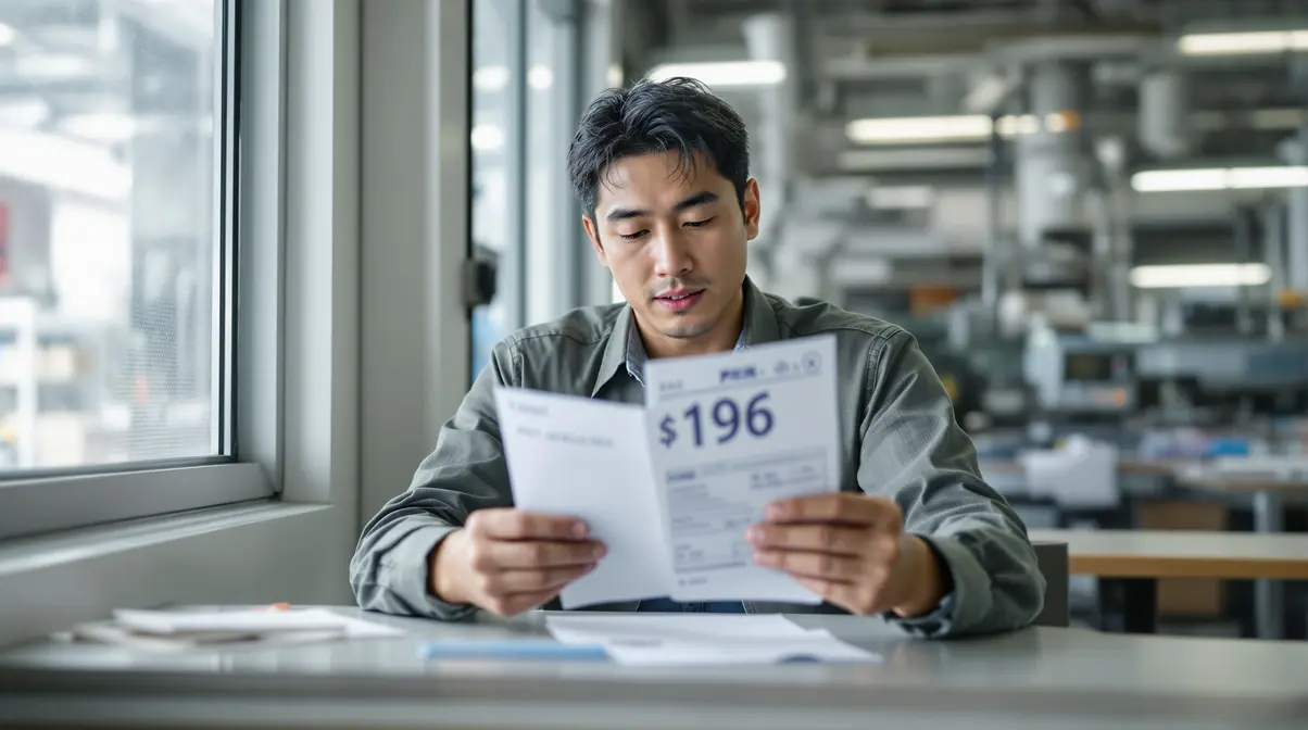 Homem nikkei brasileiro de aproximadamente 30 anos conferindo contracheque japonês em ambiente de trabalho