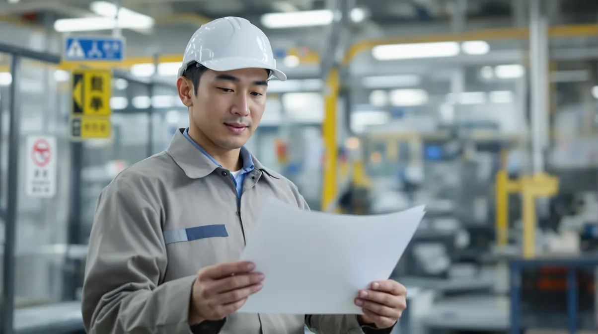 Trabalhador nikkei brasileiro em uniforme de fábrica japonesa segurando documento de contrato de emprego