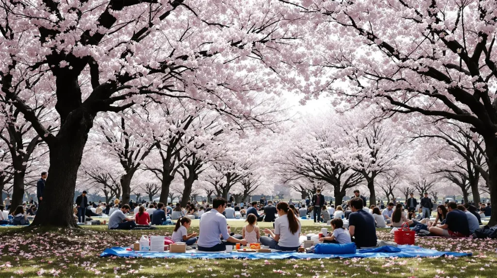Pessoas sentadas em lonas azuis sob cerejeiras floridas durante hanami em parque japonês