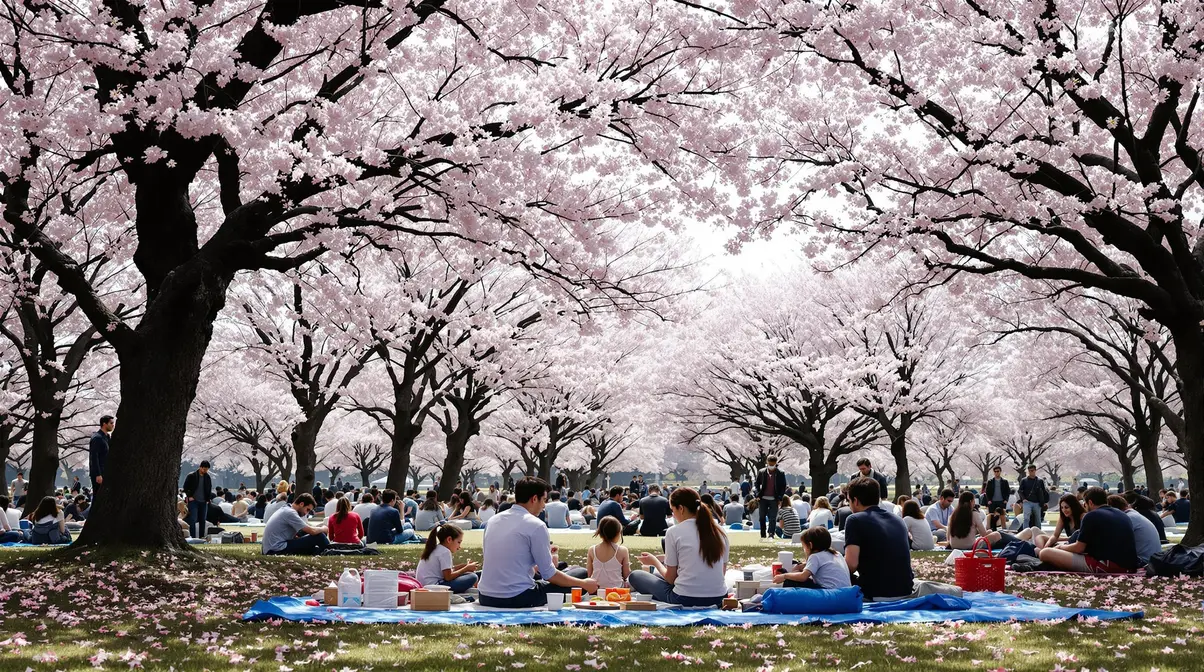 Pessoas sentadas em lonas azuis sob cerejeiras floridas durante hanami em parque japonês