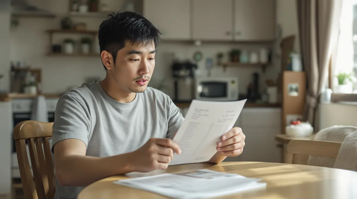 Brasileiro descendente de japonês lendo atentamente o holerite mensal no Japão