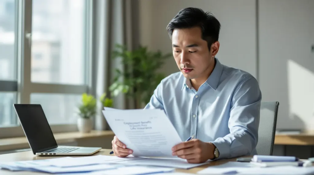 Homem brasileiro nikkei de 30 anos lendo documentos de seguro de vida em escritório de empreiteira japonesa