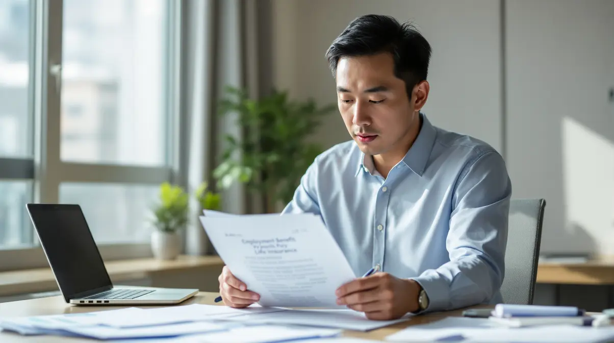 Homem brasileiro nikkei de 30 anos lendo documentos de seguro de vida em escritório de empreiteira japonesa