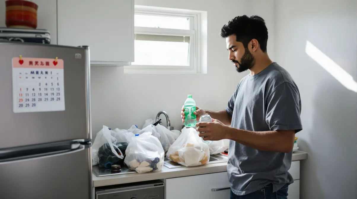Homem brasileiro separando lixo reciclável em sacolas transparentes na cozinha de apartamento no Japão