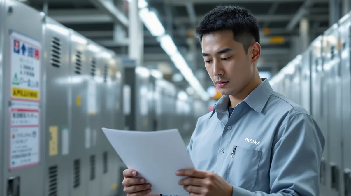 Trabalhador brasileiro descendente de japonês em uniforme de fábrica verificando holerite impresso em ambiente industrial japonês