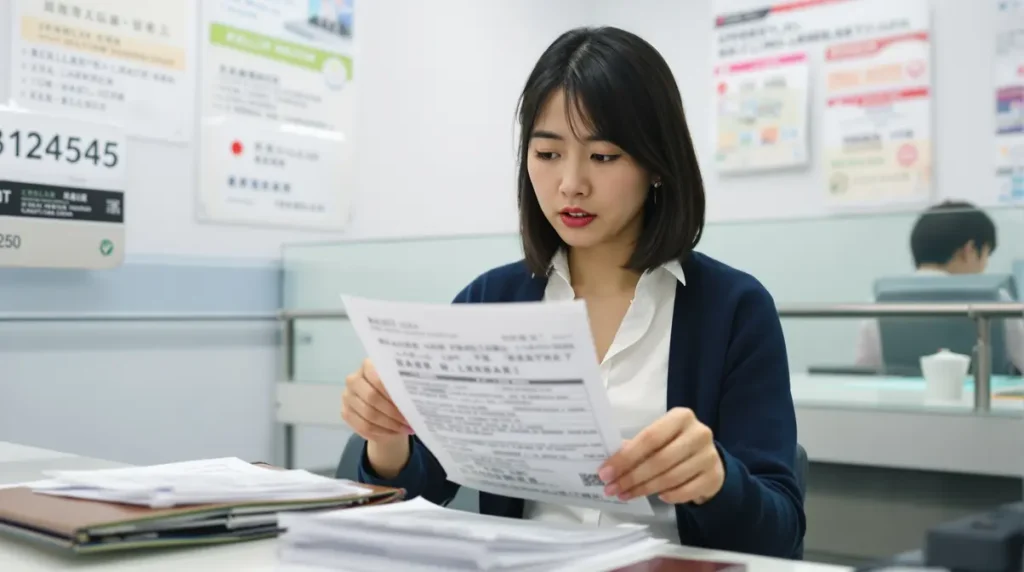 Mulher brasileira descendente de japoneses organizando documentos para renovação de visto em escritório de imigração no Japão