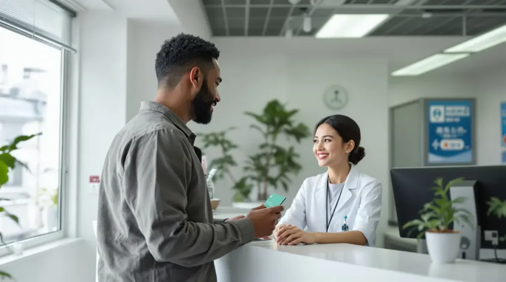 Homem brasileiro sendo atendido em recepção de clínica no Japão