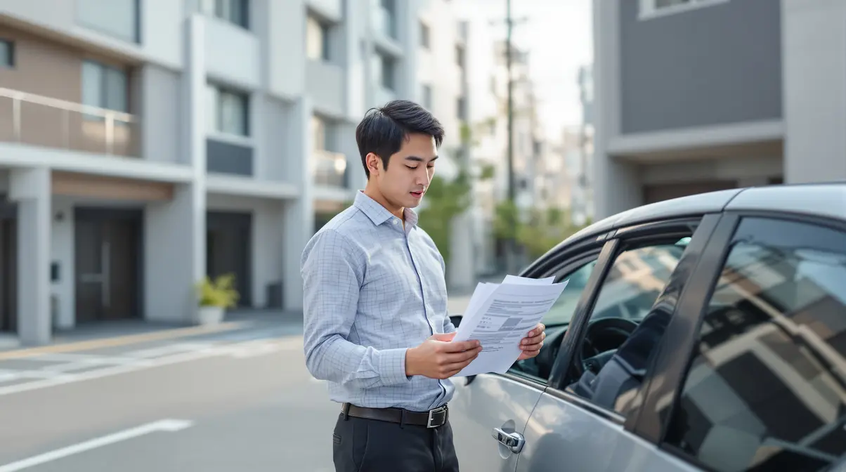 Homem nikkei brasileiro com documentos de seguro de carro em estacionamento no Japão