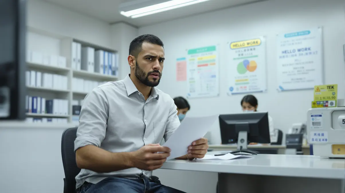 Homem brasileiro em escritório público japonês recebendo orientação sobre seguro desemprego